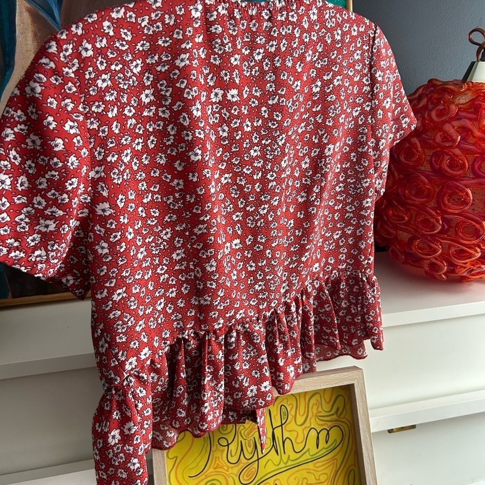 SHEIN Red Floral Tie Front Peplum Blouse Women’s Boho Cottagecore Crop Top - Picture 10 of 15
